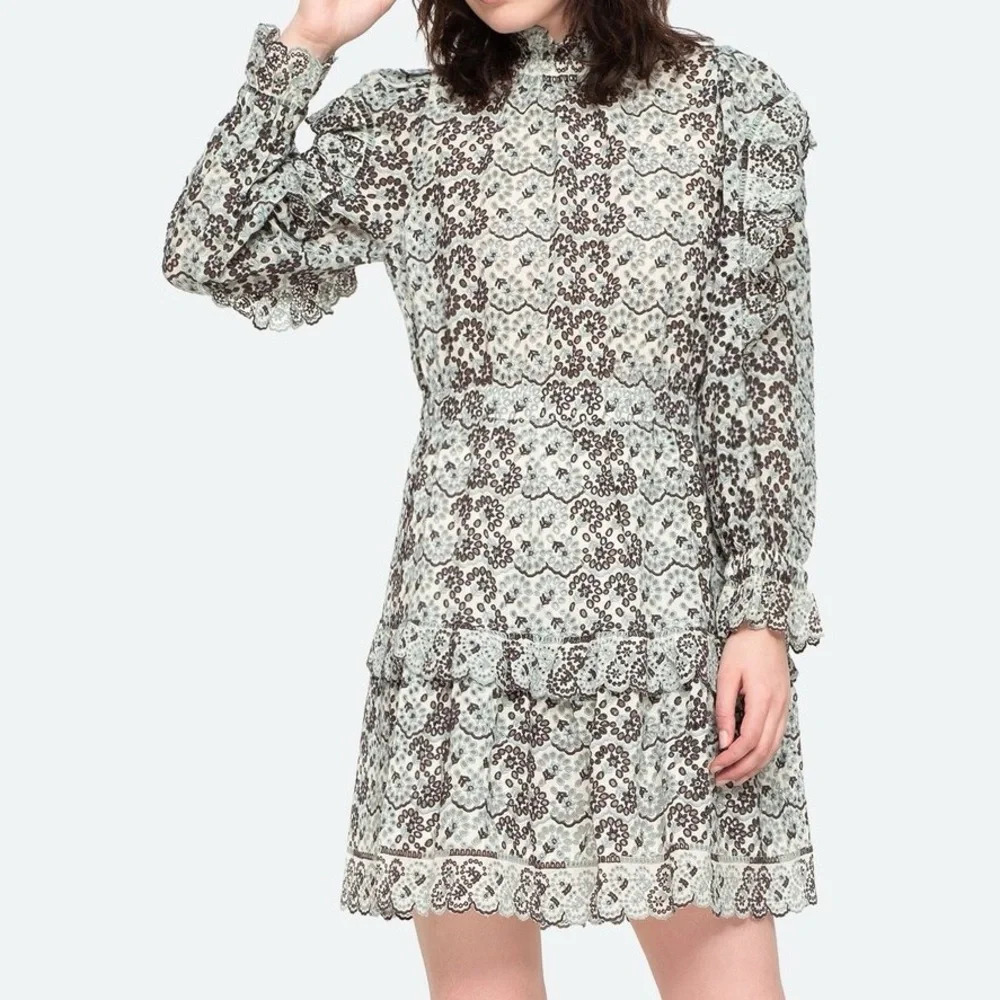Sea New York Aurelia dress eyelet embroidered mini ruffles long sleeve elegant